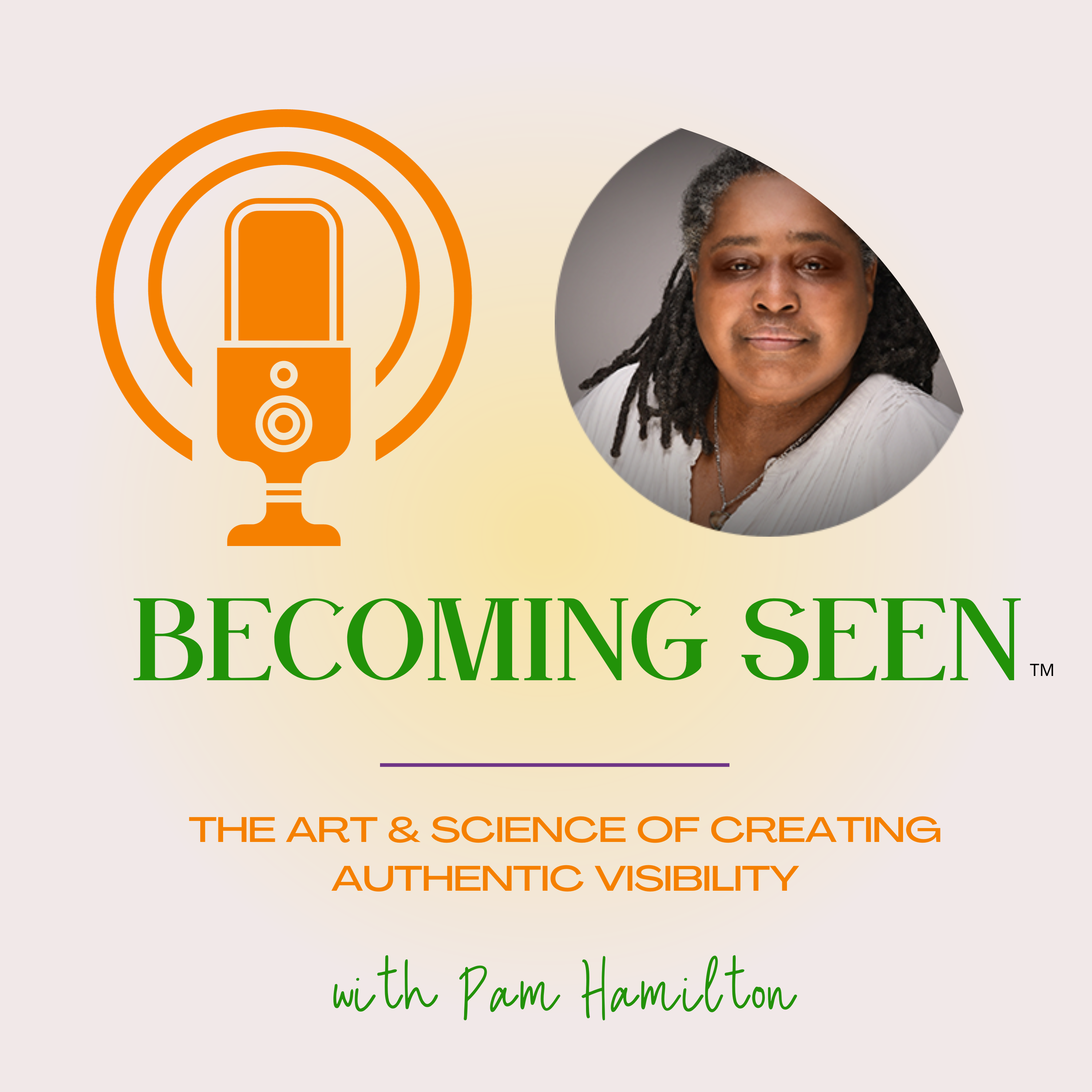 Podcast Album Cover: Picture of Host Mindset & Visibility Coach Pam Hamilton with a microphone and the title of the podcast below the image.