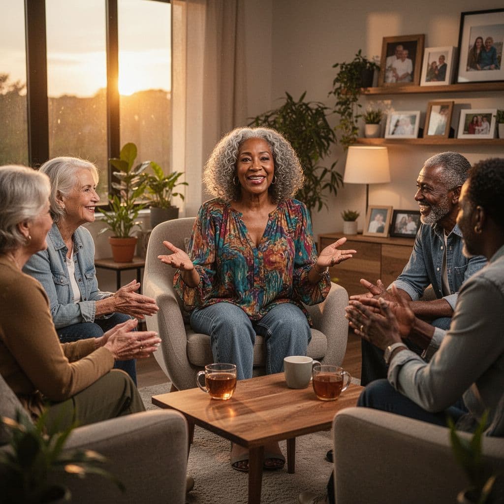 Woman speaking confidently in a supportive group conversation
