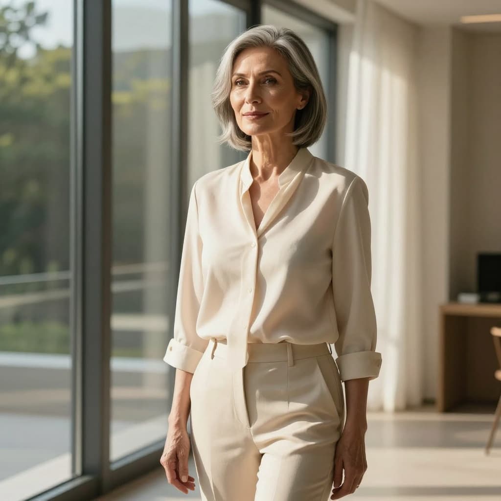 Confident mature woman standing near a large window in a bright modern space