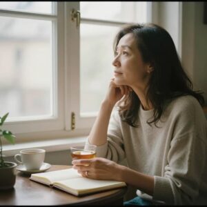 Thoughtful woman sitting by a window with tea and a notebook reflecting quietly