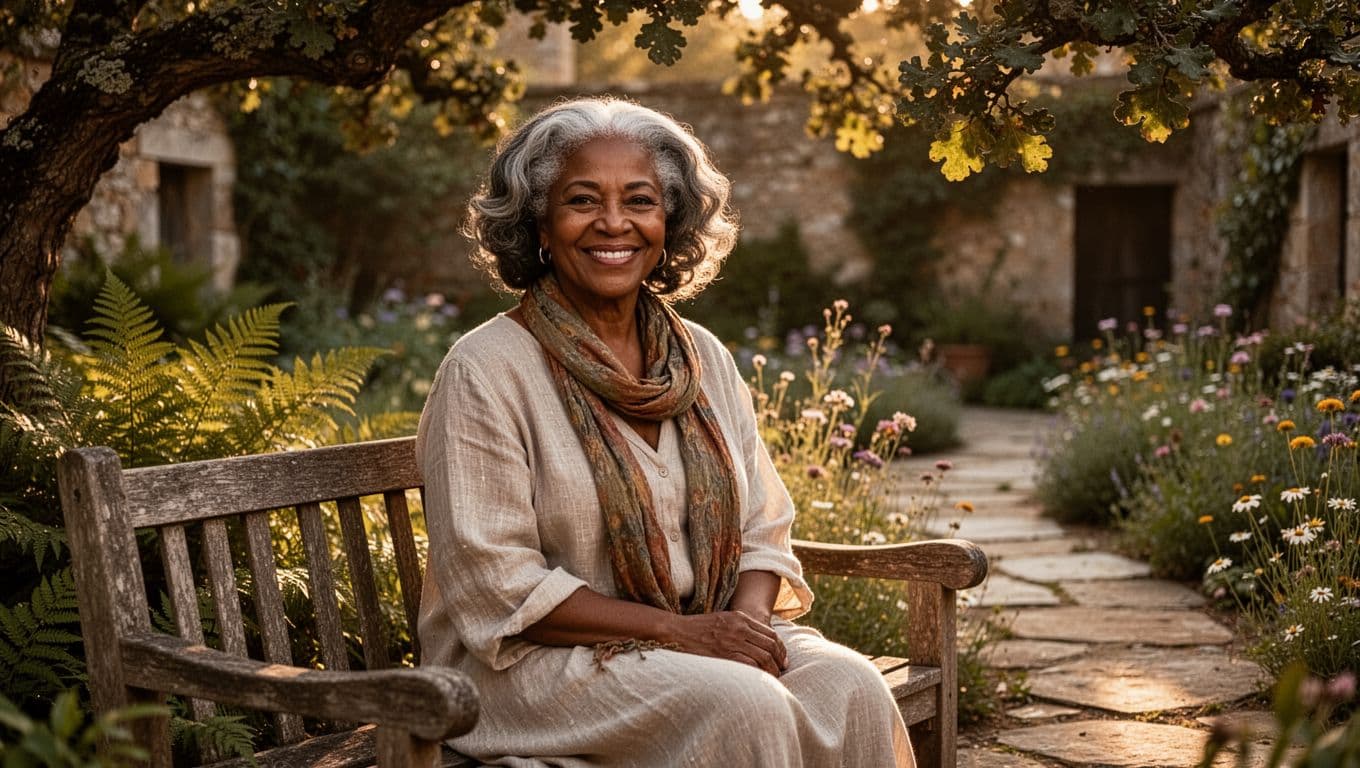 woman sitting on a garden bench smiling with calm confidence in a peaceful outdoor setting