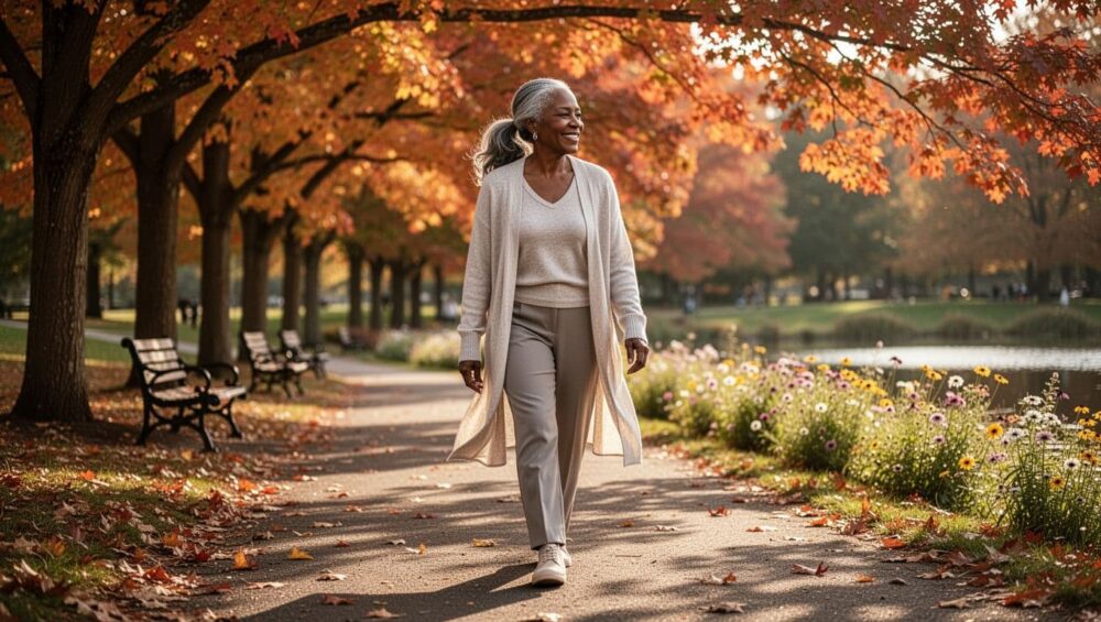 Black woman over 50 walking peacefully in a park during autumn, reflecting and embracing calm