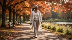 Black woman over 50 walking peacefully in a park during autumn, reflecting and embracing calm