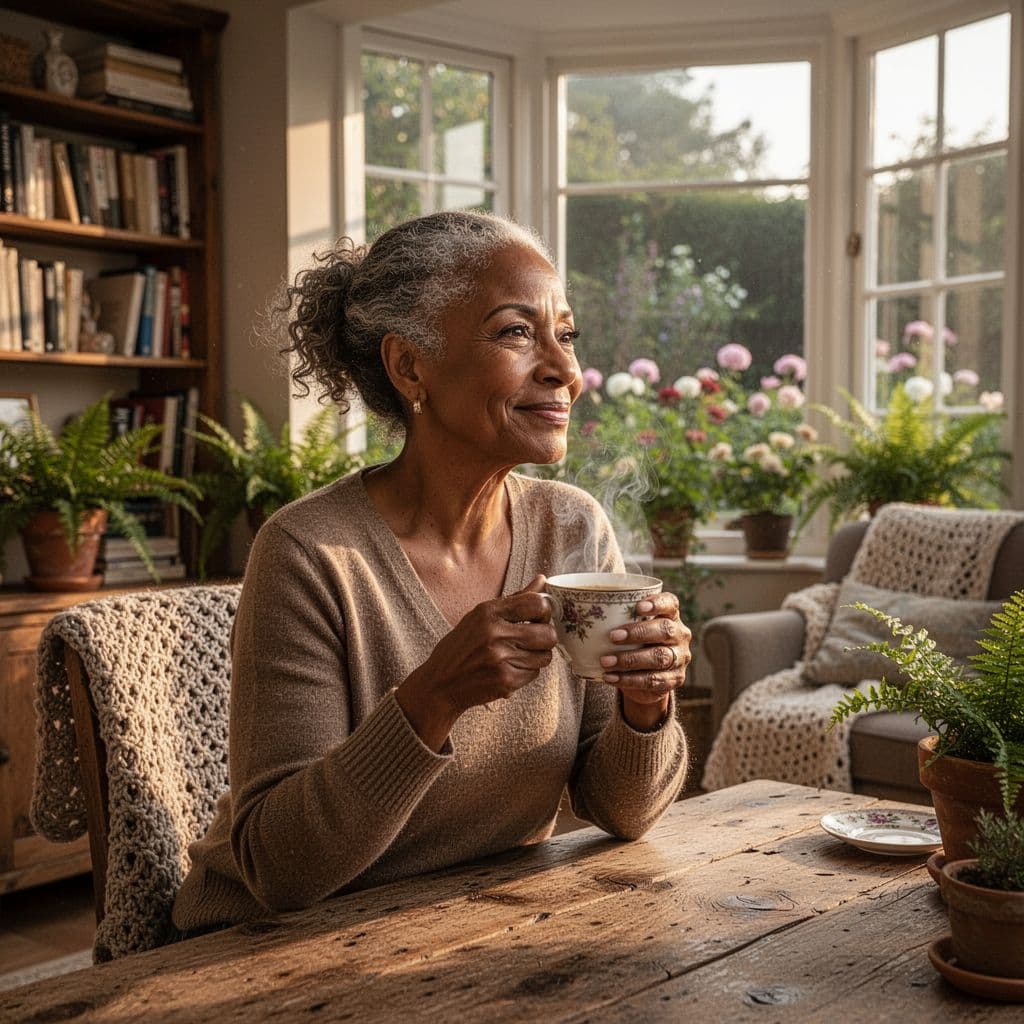 Woman sitting with coffee reflecting in a calm home setting