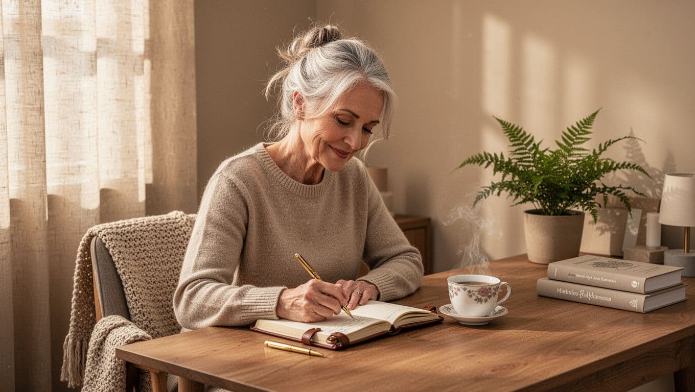woman over 50 journaling at a cozy desk with tea, reflecting and planning her next steps