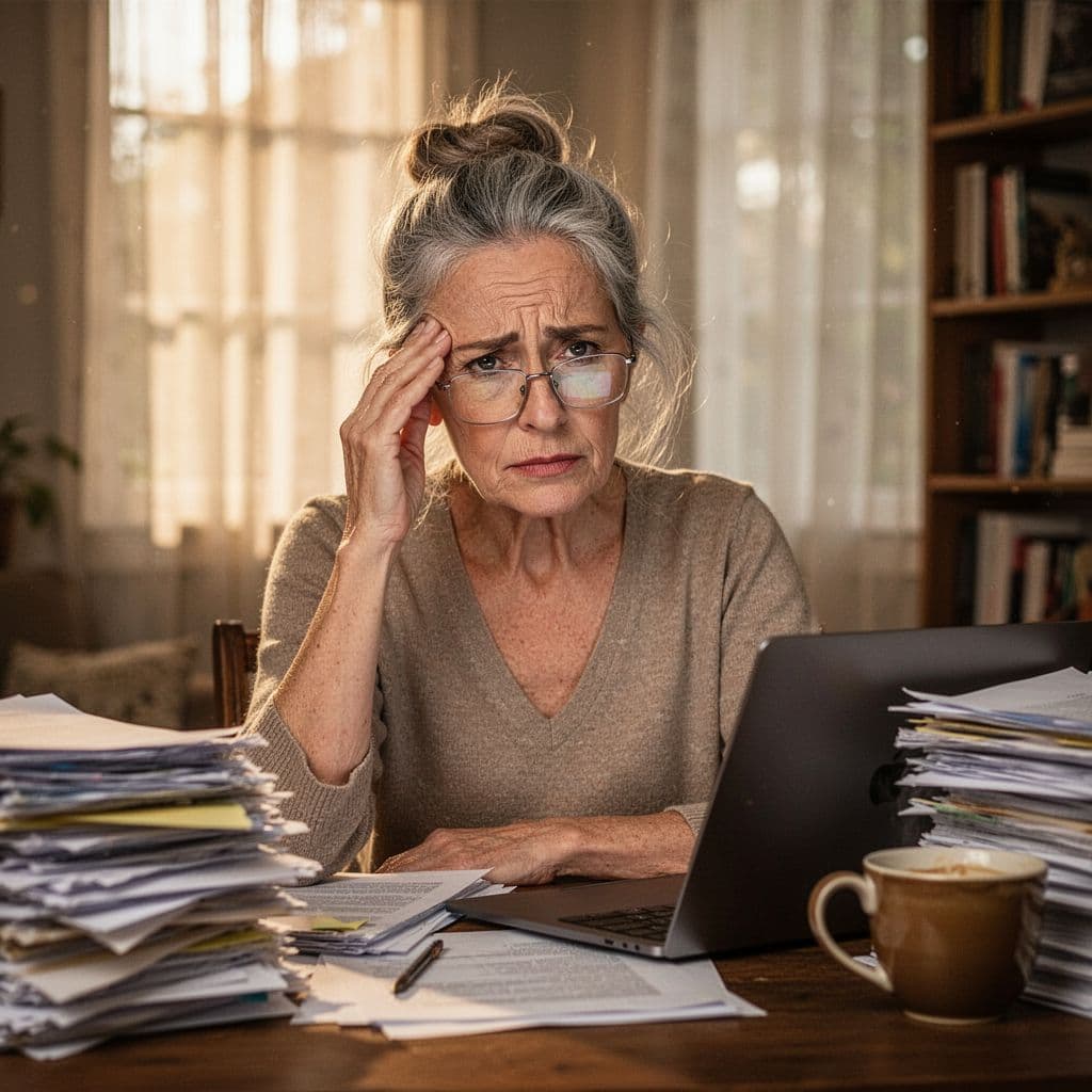 woman reviewing work on laptop hesitating to move forward