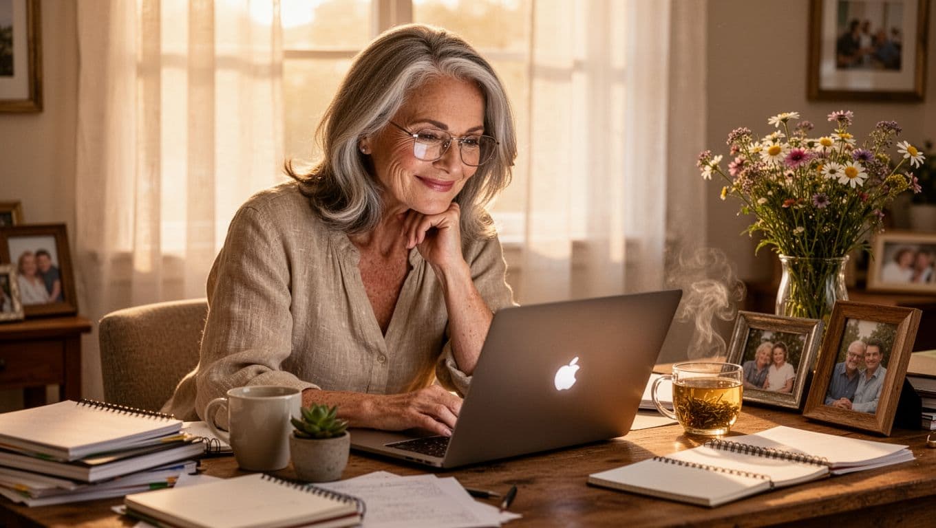 Woman sitting at a desk working on a laptop, thoughtfully reviewing her work at home